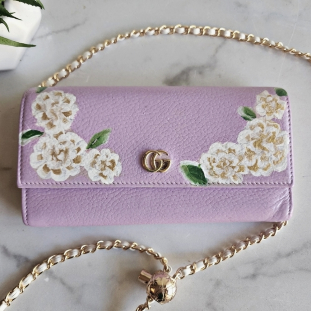 Gucci Lavendar Long Front Flap Wallet on Chain, Handpainted Flowes - Picture 11 of 13